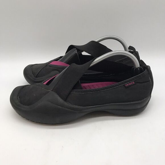 Crocs Molly Slip On Cross Strap Shoes Woman's size 7 Black Casual Comfort Flats - Picture 3 of 10